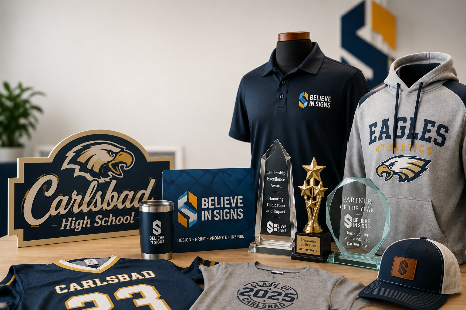 Branded apparel, awards, signs, and promotional products for schools and businesses displayed together